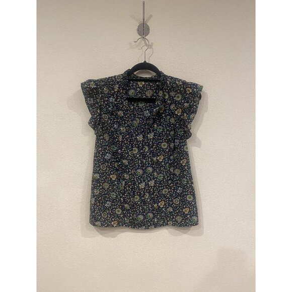 Tory Burch Shirt Womens Size Small Blue Multicolor Floral Ruffle Flutter Sleeve - Picture 2 of 5